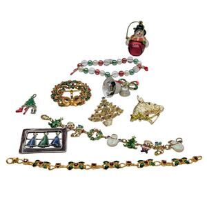 Lot of Ten Christmas Theme Bracelets Brooches Pendant & A 'Caleb' Ornament